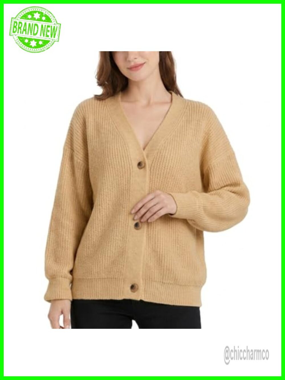 Chunky Knit Button Down Cardigan Loose Fit V Neck Soft Cozy Sweater